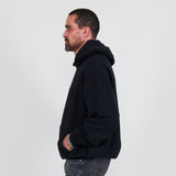 Person wearing a black hoodie and against a white background