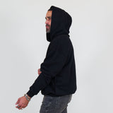 Person wearing a black hoodie and against a white background