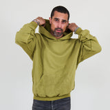 Person wearing a green hoodie and against a white background