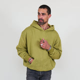 Person wearing a green hoodie and against a white background