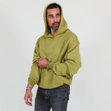Person wearing a green hoodie and against a white background