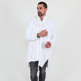 Man wearing a white shawl, white shirt, gray pants on a white background