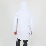 Man wearing a white shawl, white shirt, gray pants on a white background